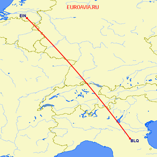 перелет Болонья — Эйндховен на карте