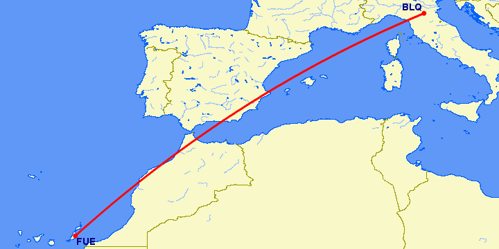 перелет Болонья — Пуэрто дель Росарио на карте