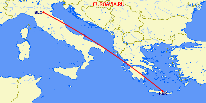 перелет Болонья — Ираклион на карте