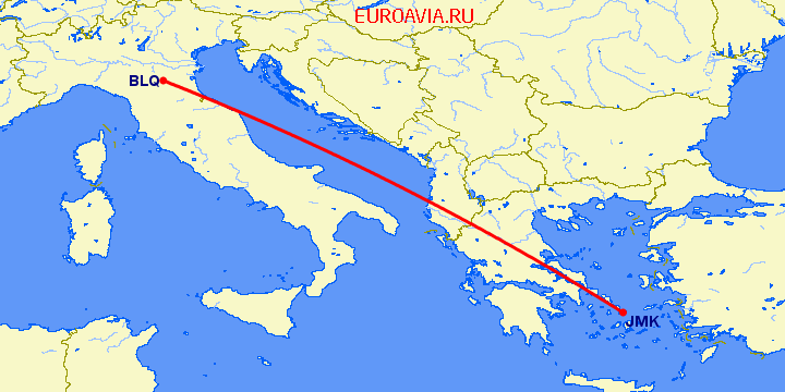 перелет Болонья — Миконос на карте