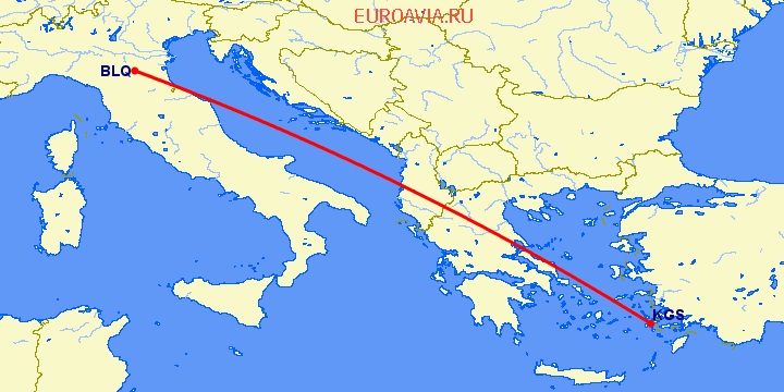 перелет Болонья — Кос на карте