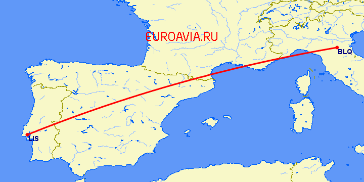 перелет Болонья — Лиссабон на карте