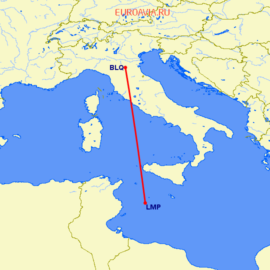 перелет Болонья — Lampedusa на карте