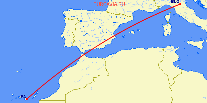 перелет Болонья — Лас Пальмас на карте