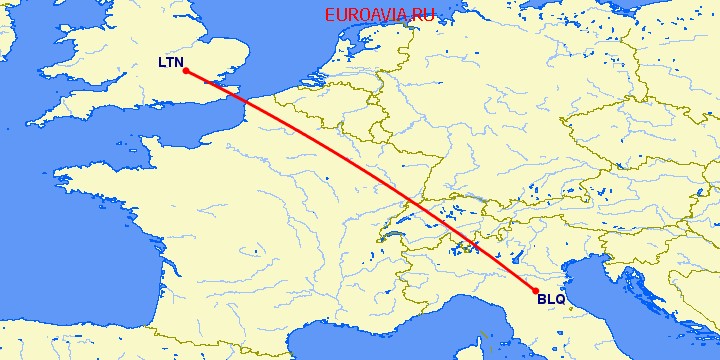 перелет Болонья — Luton на карте