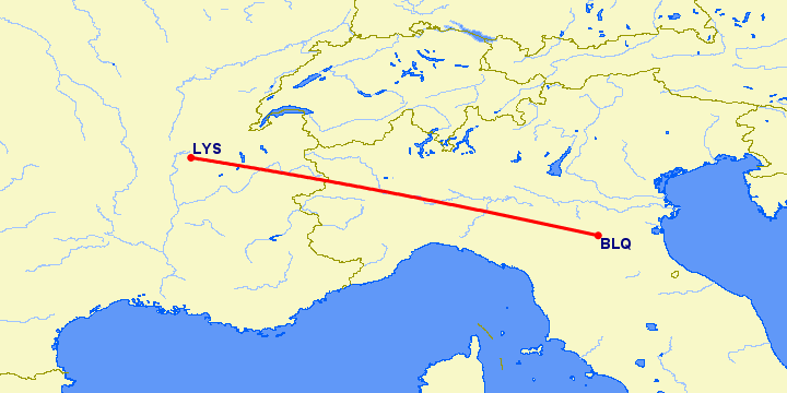 перелет Болонья — Лион на карте