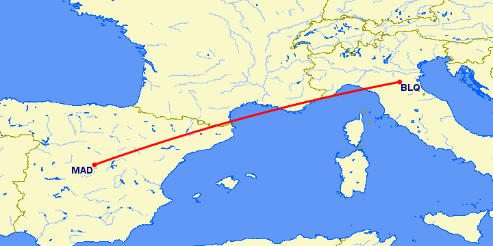 перелет Болонья — Мадрид на карте