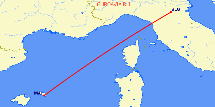 перелет Болонья — Менорка на карте