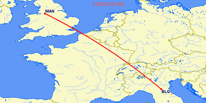 перелет Болонья — Манчестер на карте