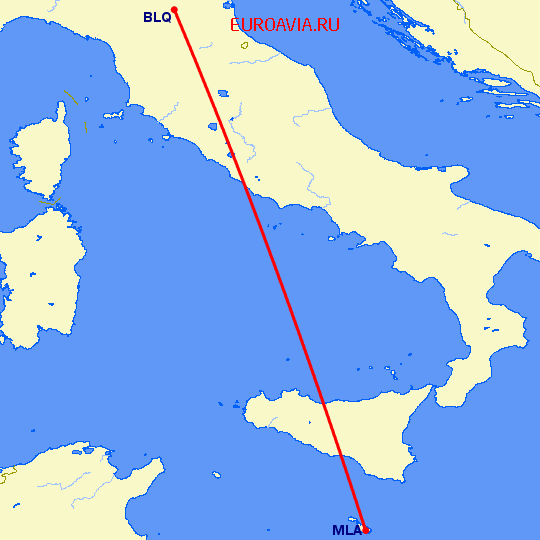перелет Болонья — Мальта на карте