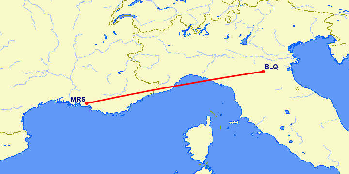 перелет Болонья — Марсель на карте
