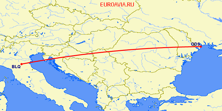 перелет Болонья — Одесса на карте