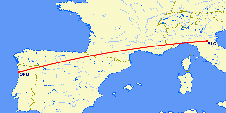 перелет Болонья — Порту на карте