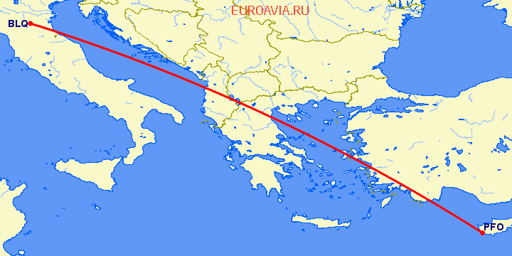 перелет Болонья — Пафос на карте