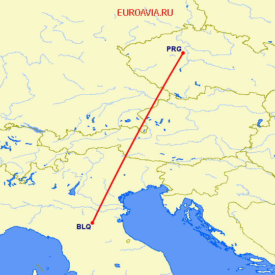 перелет Болонья — Прага на карте