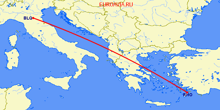 перелет Болонья — Родос на карте