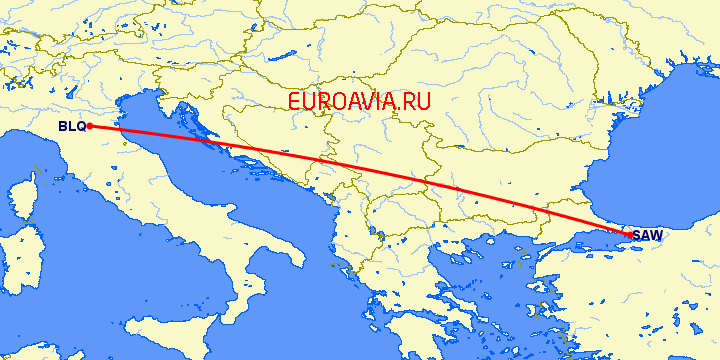 перелет Болонья — Стамбул на карте