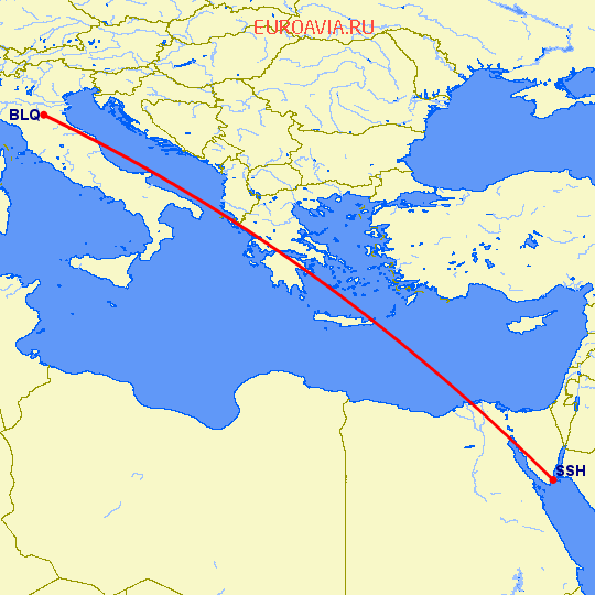 перелет Болонья — Шарм эль Шейх на карте