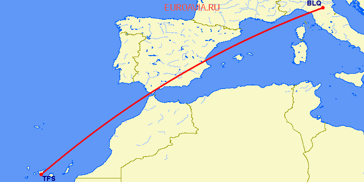 перелет Болонья — Тенерифе на карте