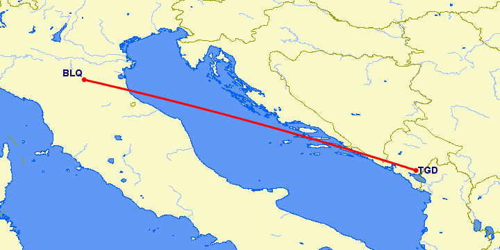 перелет Болонья — Подгорица на карте