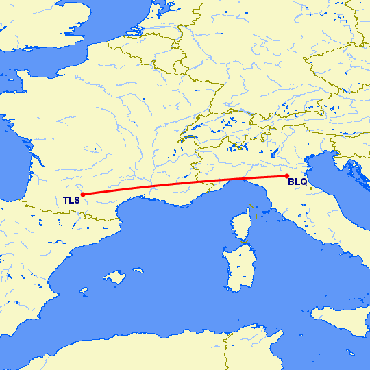 перелет Болонья — Тулуза на карте
