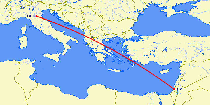 перелет Болонья — Тель Авив на карте