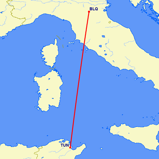 перелет Болонья — Тунис на карте