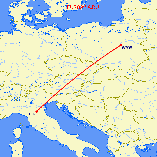 перелет Болонья — Варшава на карте