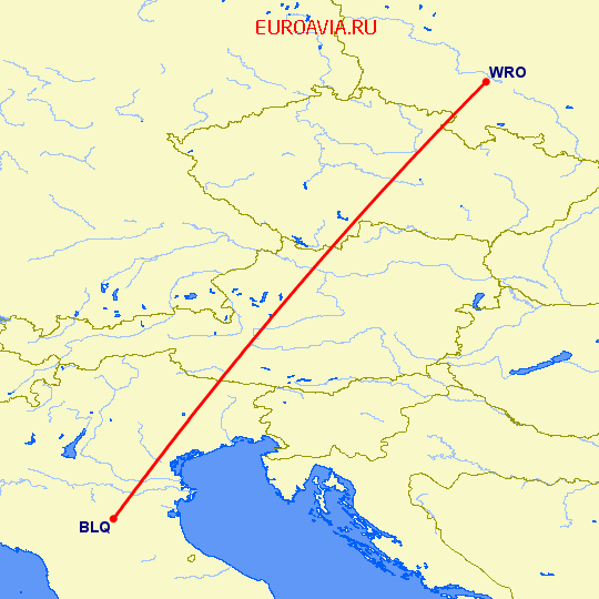 перелет Болонья — Вроцлав на карте