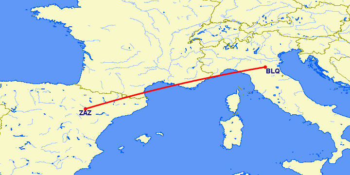 перелет Болонья — Сарагоса на карте