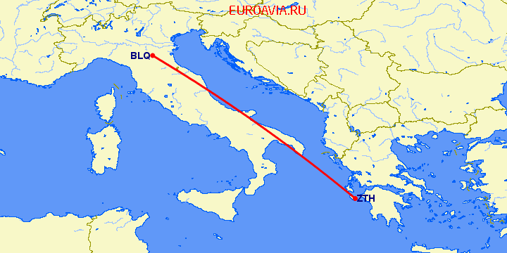 перелет Болонья — Закинтос на карте