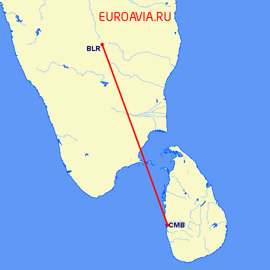перелет Бангалор — Коломбо на карте