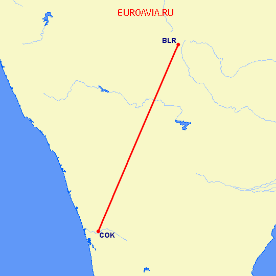 перелет Бангалор — Кочи на карте