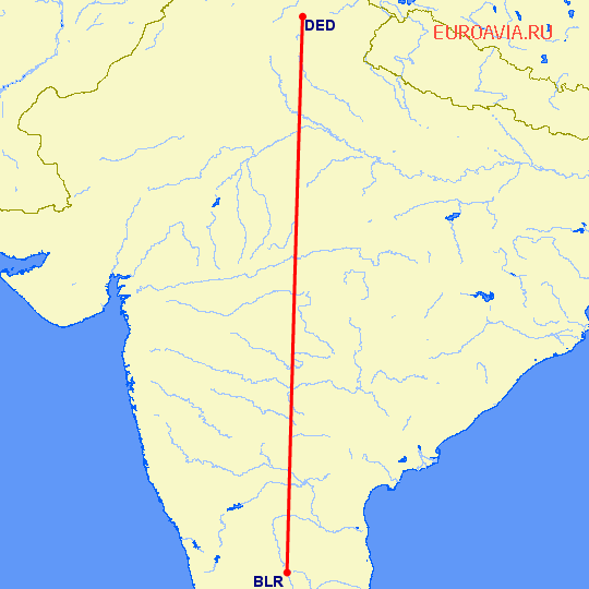 перелет Бангалор — Дера Дун на карте