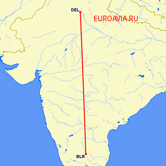 перелет Бангалор — Нью Дели на карте