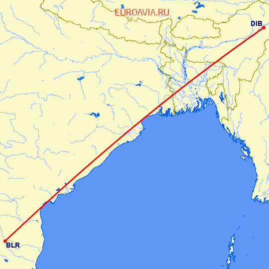 перелет Бангалор — Дибругарх на карте