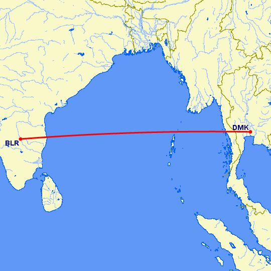 перелет Бангалор — Бангкок на карте