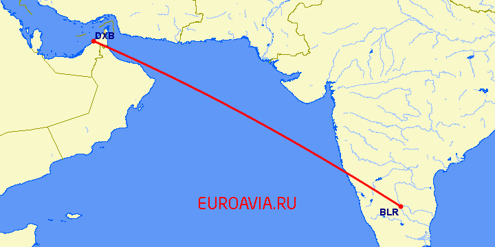 перелет Бангалор — Дубай на карте