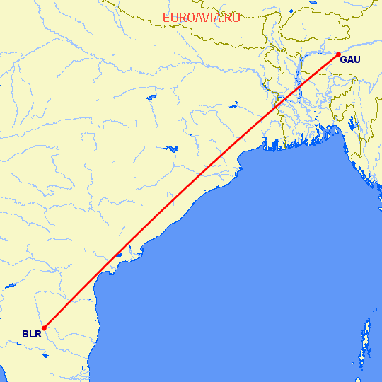 перелет Бангалор — Gawahati на карте