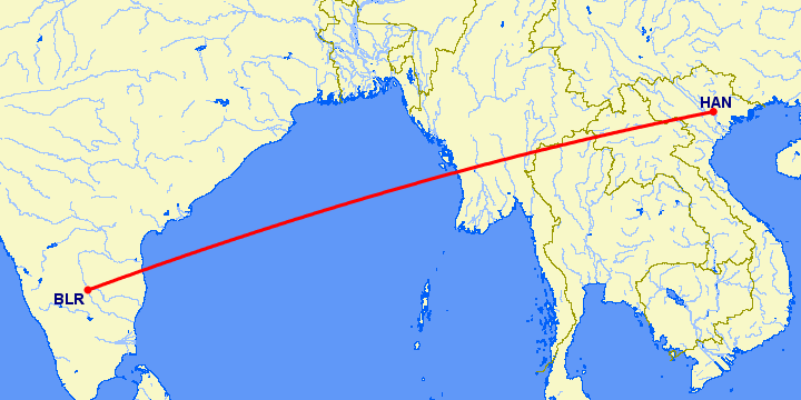 перелет Бангалор — Ханой на карте