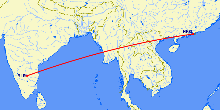 перелет Бангалор — Гонконг на карте