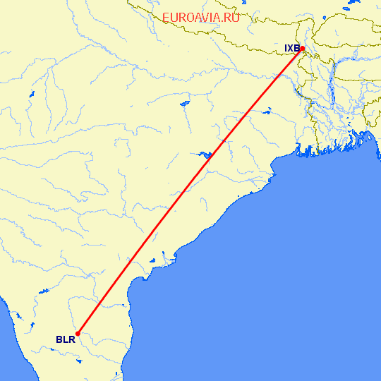 перелет Бангалор — Багдогра на карте