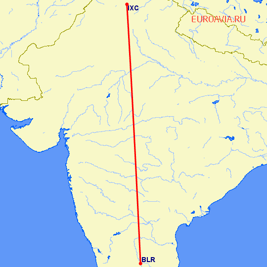 перелет Бангалор — Чандигарх на карте