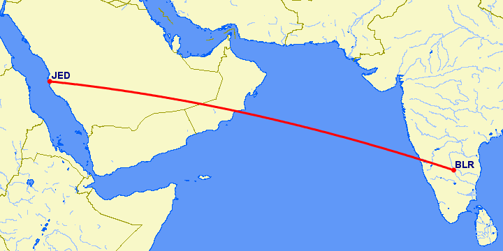 перелет Бангалор — Джедда на карте