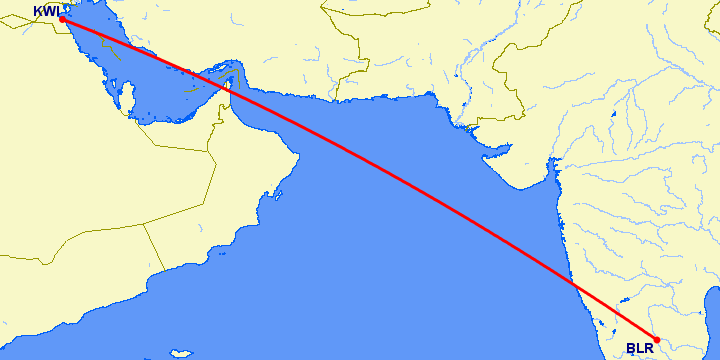 перелет Бангалор — Кувейт на карте