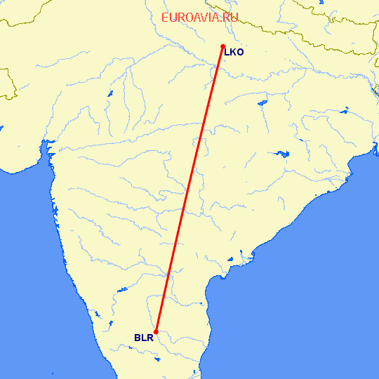 перелет Бангалор — Лакнау на карте