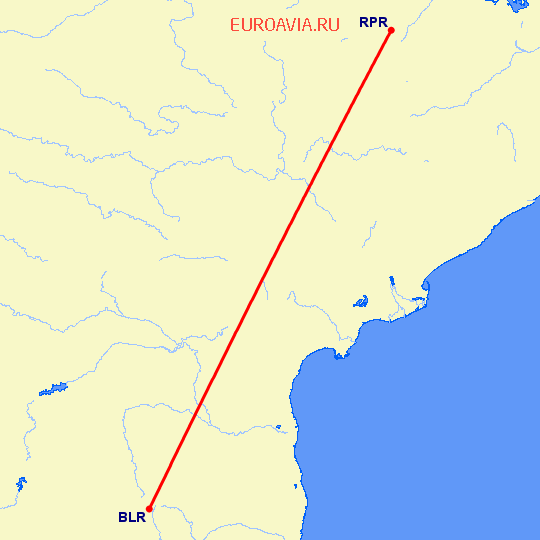 перелет Бангалор — Райпур на карте