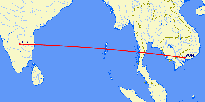 перелет Бангалор — Хошимин на карте