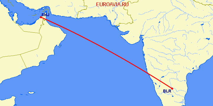 перелет Бангалор — Шарджа на карте
