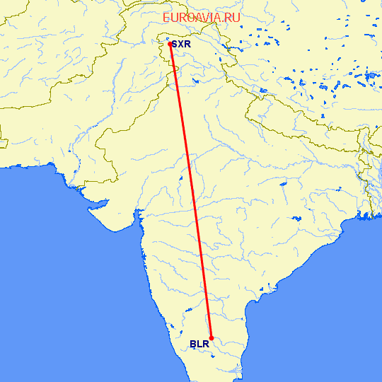 перелет Бангалор — Сринагар на карте